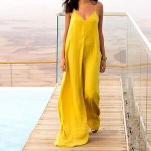 ZARA Mustard Yellow Wide-Leg Jumpsuit Flowy Spaghetti Strap Dress XS Resortwear